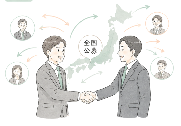 人材紹介会社と握手して全国公募体制を構築する様子