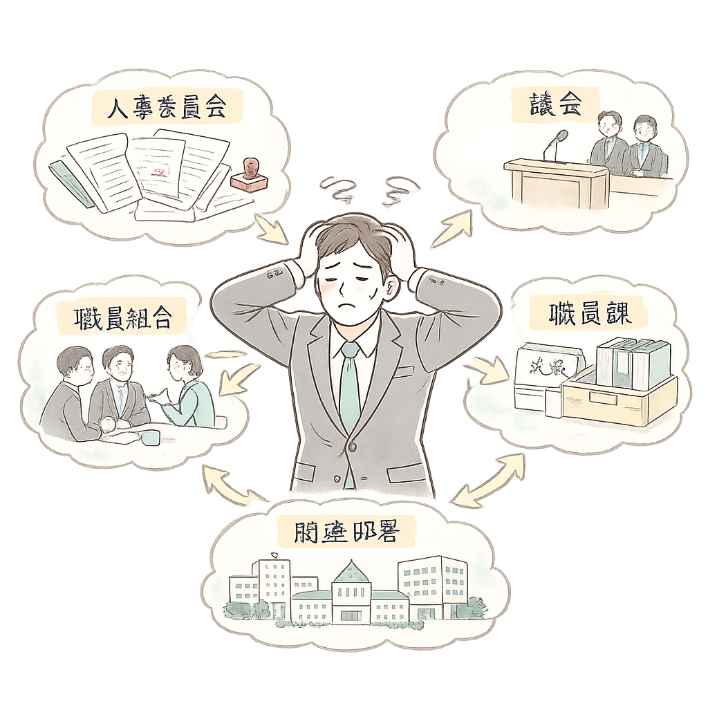 中央で悩む自治体担当者と、周囲を取り囲む5つの調整タスク（人事委員会・議会・職員組合・職員課・関連部署）
